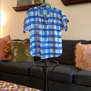 Anthropologie Silk Blue Plaid Check Gingham Boxy Top Blouse Pullover